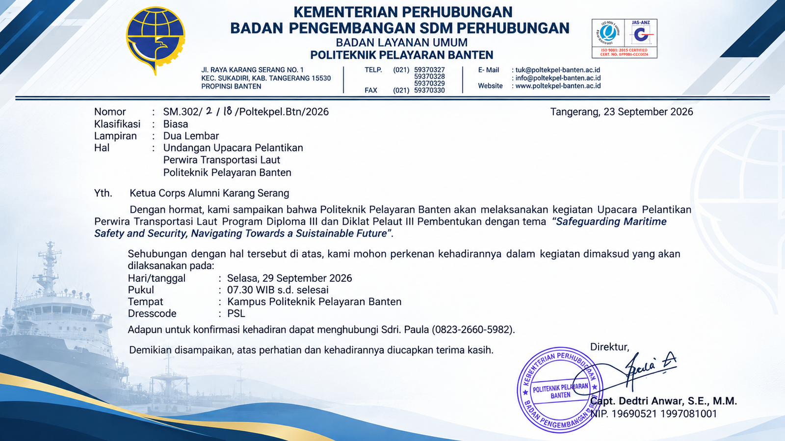 Undangan Silaturahmi Anggota CAKS pada Pelantikan Perwira Transportasi Politeknik Pelayaran Banten 2026
